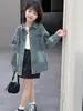 Chaqueta de mezclilla para niñas, nuevo estilo primavera/otoño, diseño coreano de corte holgado, con cuello alto, adecuada para niñas mayores, acabado lavado vintage, atuendo de otoño moderno