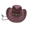 Sombrero vaquero occidental de estilo étnico para hombres y mujeres con correas de piedras preciosas, adecuado para viajes a Xinjiang y Tíbet, sombrero de montañismo de gamuza para caballero