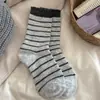 Meias de Lã Listradas para Mulheres, Meias de Cano Médio para Outono e Inverno, Forradas com Fleece, Espessas, Quentes de Caxemira, Meias Caídas Estilo Japonês, Meias Longas com Renda