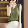 Camiseta, seda gelada, estilo transfronteiriço, tecido fluido, roupa íntima de verão, decote V profundo, sem mangas, decotada, regata de malha patchwork feminina