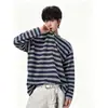 Estilo Nuevo Primavera y Otoño Raya Botón de Cuerno Rayas Retro Perezoso Manga Larga Camiseta Hombre Holgado Versátil Bloque de Color Casual Top