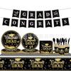 Set de Vajilla para Fiesta de Temporada de Graduación 2026 Negro Platos de Papel para Adultos Vasos de Papel Pancarta de Graduación Mantel de Mesa para Fiesta Pe