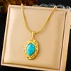 Moderna Cadena Hueso de Serpiente de Acero Inoxidable Colgante Accesorio Turquesa Azul Borde Trenzado Ovalado Chapado en Oro Transfronterizo Collar Vintage