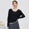 Camiseta de Manga Larga con Bloques de Color Falso Dos Piezas Cuello en U para Mujer, Dobladillo en Capas Holgada Cómoda Simple Versátil Prenda Base