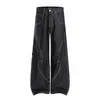 Jeans de Sarja Crua Desconstruído Retro Americano com Costura Contrastante para Homens e Mulheres Outono Novo Calça Larga Casual