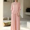 Conjunto literario y versátil de verano con suéter bordado, corte holgado, adelgazante, transpirable, ligero para mujer, con cordón y cintura elástica, y pantalones cortos