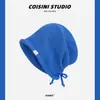 Chapéu de tricô estilo preguiçoso japonês cor pura folgado para mulheres com cordões para amarrar cobertura para a cabeça aba dobrada faz o rosto parecer menor gorro versátil moderno