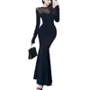 Vestido Longo Preto com Patchwork de Renda Sexy para Mulheres Maduras Outono Inverno Vestido Formal de Banquete Cintura Marcada Abraça os Quadris Cauda de Sereia Longo
