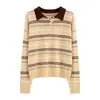 Tejido de Punto con Cuello de Color Contrastante para Mujer 2026 Otoño Nuevo Estilo Holgado Suave Esponjoso Capa Base Camisa Polo 100% Lana Pura
