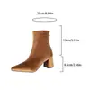 Comércio Exterior Tamanho Grande Veludo Bico Fino Salto Bloco Moda Botas de Cano Curto 2026 Nova Moda Francesa Elástica Emagrecedora Zíper nas Costas Botas Femininas