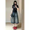 Shorts Jeans Azuis de Cintura Alta Estilo Retrô Americano para Mulheres, Shorts de Comprimento Médio de Verão para Figuras Baixas, Estilo Bf Solto, Calças de Pernas Largas com Vibe Relaxada