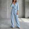 Macacão casual de moda novo, estilo europeu e americano, cor sólida, gola V, manga longa, perna larga, solto, feminino, 2026, transfronteiriço