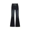 Jeans de diseñador azul oscuro ajustados de tiro bajo para otoño, petite, elásticos, corte slim, favorecedores, versátiles, pantalones de microcampana