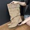 Botas western de salto grosso com bico fino para mulheres 2026 verão novo cano alto franzido justas