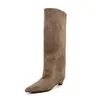 Botas altas de ante para mujer, botas de tacón de bloque, nuevas botas de estilo coreano para otoño e invierno, punta fina, tacón medio, sin cordones, hasta la rodilla, botas de caña recta para mujer