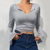 Roupa Feminina Europeia e Americana Transfronteiriça 2026 Outono e Inverno Sexy Decote V Profundo Slim Curto Plissado Manga Sino Manga Longa Camiseta Top