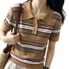 Camiseta de punto para mujer estilo francés, con cuello polo a rayas caqui, manga corta, top de verano de seda helada estilo old money, corte ajustado