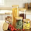 Frasco de Vidrio de Borosilicato Alto con Tapa Cuadrada de Bambú, Frasco de Vidrio Sellado a Prueba de Humedad, Frasco de Almacenamiento para Organización del Hogar