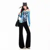 Jeans feminino 2026 transfronteiriço, levemente flare, estilo americano, lavado, com aspecto desgastado, acabamento azul gelo vintage e efeito de caimento