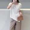 Camiseta de Acetato de Alta Qualidade com Textura de Cetim, Design Irregular, Gola Redonda, Manga Curta para Mulheres, Fresca para o Verão, Cor Sólida, Top Emagrecedor