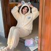 Pijama feminino de lã coral com capuz e laço estilo doce para outono e inverno, novo, plus size, roupa de casa espessada
