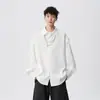Camisa masculina de manga comprida para primavera e outono, cor sólida, com gola, disponível em tamanhos grandes, design versátil, estilo solto e casual, branco