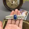 Diseño Estilo Francés Collar Pulsera Doble Fila de Perlas, Pendientes Versátiles Exquisitos de Lujo Ligero con Incrustaciones de Lapislázuli