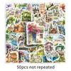 50 Pequenos Adesivos Frescos de Cenários de Cidade Cartoon, Adesivos Decorativos Impermeáveis de Cenários Externos para Diários e Cadernos