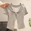 Camiseta de manga corta con cuello de muñeca de lunares estilo chica picante americana para mujer, versión coreana de verano, efecto dos piezas, bloques de color, versátil, top ajustado, moderno
