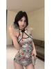 Vestido Rosa Puro Lujuria Estilo Cheongsam Estampado Ajustado sin Mangas para Chica Caliente Vestido con Abertura Ajustado a las Caderas para Mujer