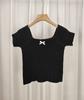 Tejido de Punto de Manga Corta con Cuello Cuadrado Retro para Mujer, Delgado, Chic, Suave, con Giro Dulce que Reduce la Edad, Top Corto tipo Jersey