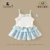 Conjunto Infantil Verão Novidades Roupas para Bebês e Crianças Pequenas Classe A Camiseta com Laço Estampa Floral Salopete Saia Curta em Camadas para Bebê Menina