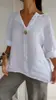 Amazon 2025 transfronterizo Europa y Estados Unidos verano nuevo comercio exterior camiseta suelta mujer cuello en V algodón y lino botones top mujer