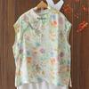 Nova Camisa de Verão Estilo Artístico 100% Ráfia com Botões Diagonais Feminina Solta Versátil Slim Casual Pulôver