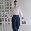 Camisa Retro Francesa Blanca Texturizada de Manga Larga para Mujer, Verano Delgada Transpirable Mangas de Linterna Holgada Protector Solar Top