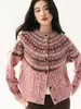 Cardigan Pesado Tricô Jacquard Retro Fair Isle Feminino Manga Longa Gola Redonda Solto Estilo Preguiçoso Casaco Suéter de Caxemira