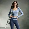 Conjunto de Ropa Deportiva para Mujer de Bloques de Color, Corto, Manga Larga, Cintura Alta, para Yoga y Ejercicio, Ropa de Fitness Elástica