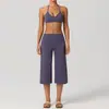 Conjunto de yoga estilo Lulu para mujer, sujetador deportivo de alta gama a prueba de impactos de tela cepillada, pantalones de longitud media ajustados de secado rápido de cintura alta, transfronterizo