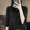 Lã cardada fina feminina gola redonda cor sólida jacquard meia manga solta casual para o trabalho primavera e verão malha meia manga