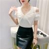 Camiseta de verano elegante de moda con escote en V y lazo de manga corta con hombros descubiertos para mujer, camiseta ajustada que combina con todo, camiseta pequeña de moda