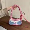 Lindo Bolso de Hombro de Mezclilla a Cuadros Rojos - Bolso Hobo Kawaii con Adorno de Encaje y Detalle de Botón de Cereza para Mujeres y Niñas
