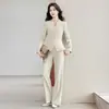 Venta al por mayor transfronteriza de conjunto de dos piezas para mujer: chaqueta de traje de negocios de manga larga con cuello en V marrón y pantalones de pierna ancha, nuevo para otoño e invierno