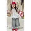 Conjunto de Ropa para Niña 2026 Verano Nuevo Elegante Bordado Encaje Sin Mangas Top y Jeans de Pierna Ancha Conjunto de Dos Piezas