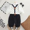 Comércio Exterior Roupas Infantis Primavera e Outono Terno para Meninos Estilo Cavalheiro Camisa Estampada Integral Gola Barco Gravata com Suspensórios Conjunto de Duas Peças Estilo Britânico