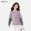Camiseta Base de Manga Larga Falsa de Dos Piezas para Niñas 2026 Otoño Nueva Llegada Top Rayado Infantil Camiseta de Otoño para Niñas Elegante