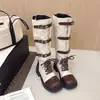 Botas de Cowboy Ocidentais Color Block Retrô 2026 Verão Novas Botas de Cavaleiro Acima do Joelho Femininas com Bico Quadrado, Cadarço, Salto Grosso e Fivela de Cinto