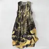 Vestido Casual de Algodón Puro con Estampado Digital Nuevo Transfronterizo, Cuello Redondo, Sin Mangas, Largo Medio, para Mujer, Verano en la Playa