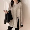 Foto real de uma camiseta listrada de manga comprida com gola, nova blusa casual solta de comprimento médio para primavera e outono 18653