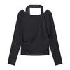 Tejido de Piel de Conejo Diseño Francés Camiseta de Manga Larga para Mujer Otoño Holgada Estilo Coreano Hombro Caído Top