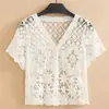 Estilo coreano novo verão lapela única decote V estilo ocidental renda vazada moda manga curta cardigã casaco curto top vazado